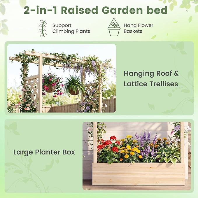 BECOMFORT Raised Garden Bed with Trellis & Hanging Roof, 89" Tall Fir Wood Planter Box with Drainage Holes, Outdoor Elevated Garden Planter for Climbing Vines, Perfect for Patio, Lawn & Backyard