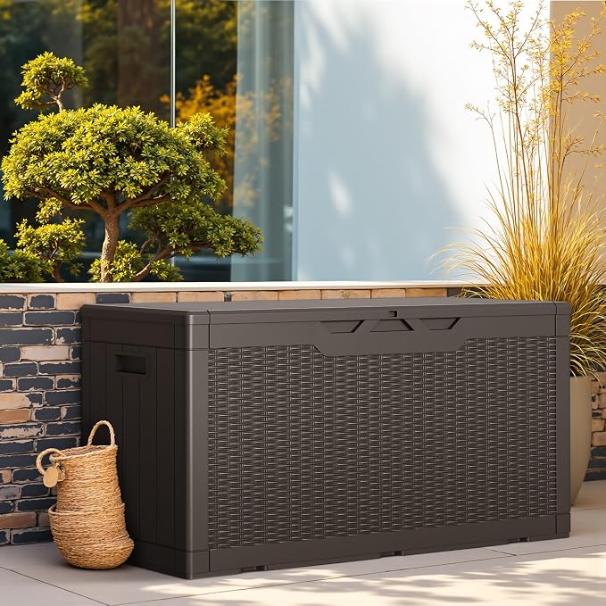 Greesum Outdoor Storage Box 100 Gallon Storage Bin with Lid for Patio Furniture, Garden Tools, Pool Supplies, Lockable, Waterproof and UV Resistant, Dark Brown