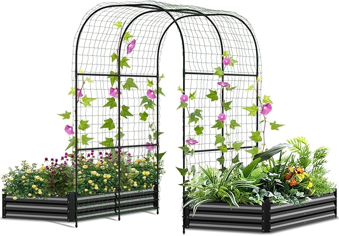 SUNYRISY Galvanized Raised Garden Bed with 87" H Arch Trellis for Climbing Plants Outdoor, Large Metal Planter Box with Netting for Gardening Flowers Vegetables Fruit, Black