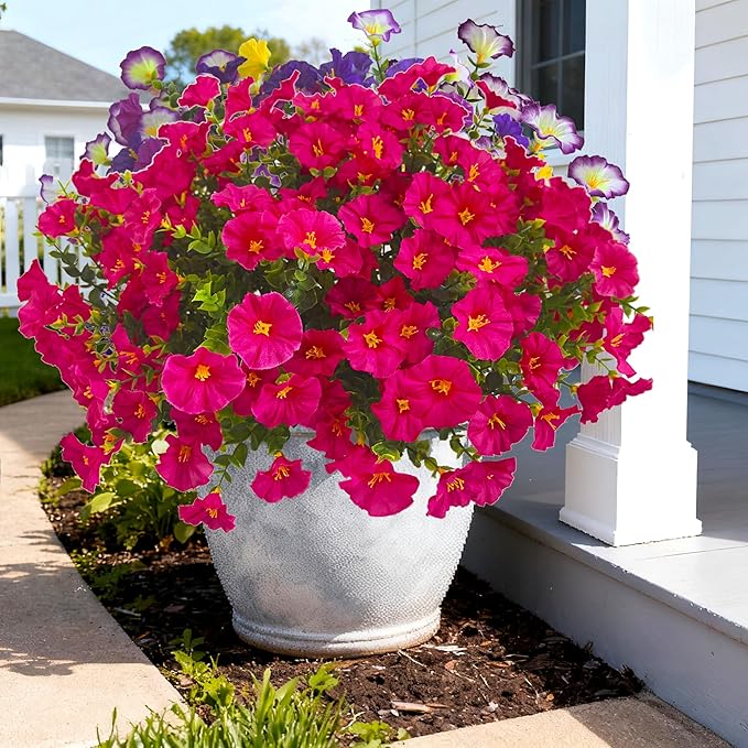 Artificial Faux Flowers for Outdoors, 12 Bundles Artificial Plants Outdoor UV Resistant, Fake Morning Glory Silk Flowers for Outside Planter Porch Patio Yard-Rose Red