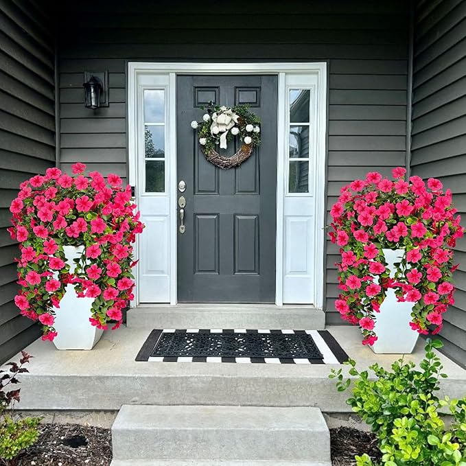Artificial Geranium Hanging Flowers for Outdoor Decoration, 2 Bundles UV Resistant Silk Geranium Fake Plants Faux Flowers for Front Porch Garden Patio Window Box Outside Indoor Decor (Rose Red)
