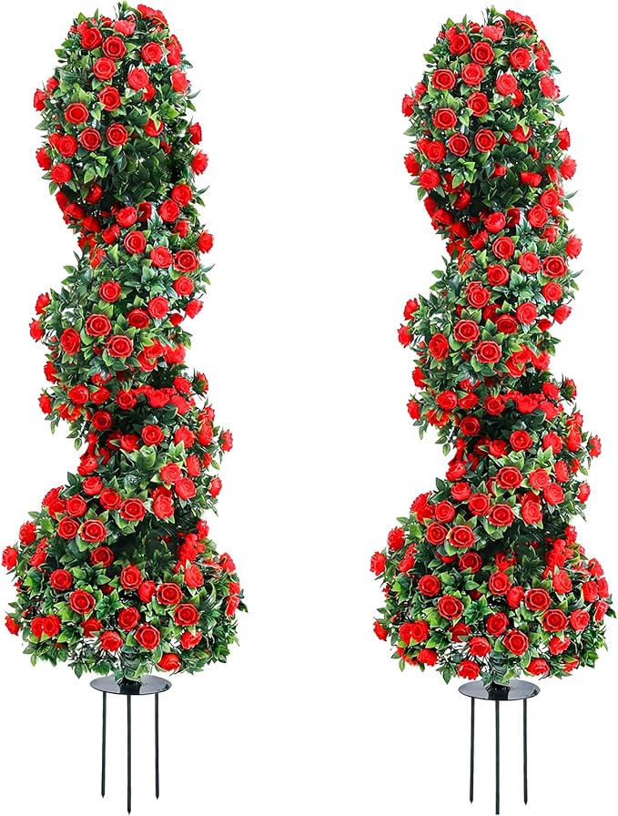 PATIO CHOICE 3ft Artificial Topiary Spiral Trees with Rose Set of 2 36" High End Outdoor Faux Plants Realistic Faux Bushes and Shrubs Decorations for Outdoor Front Porch Garden