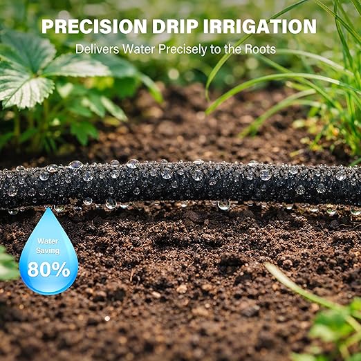MIXC 80% Water-Saving Soaker Hose – 1/4" x 100 Ft Drip Irrigation Tubing for Garden, Lawn, Flower Beds & Vegetable Rows, with 1/4" Drip Fittings Included