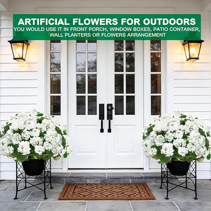 TURNMEON Artificial Geraniums Flowers for Outdoors Summer Decoration, 4 Bundles Fake Flowers Silk White Flowers UV Resistant No Fade Faux Plants for Planter Gardens Table Porch Indoor Cemetery Decor