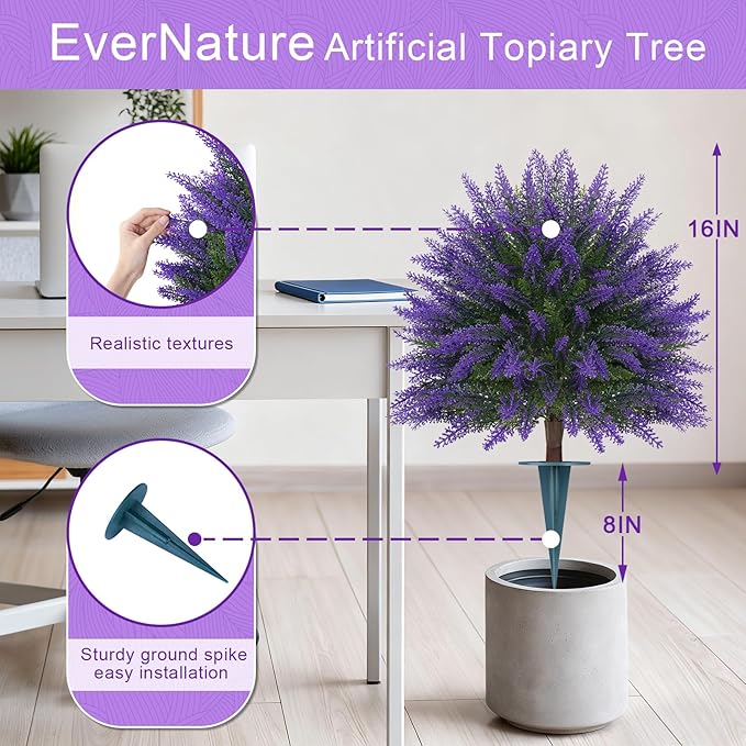 Artificial Topiary Ball Trees,16'' UV Resistant Fake Evergreen Shrubs Bushes Plants with Ground Spike 2 Set of Fake Plants for Outdoor Indoor Front Porch Garden
