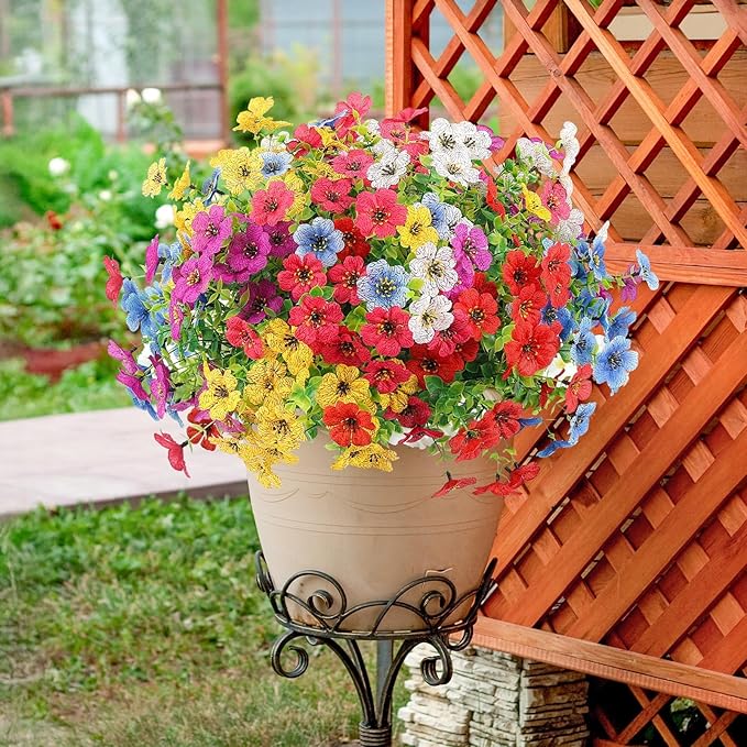 ATTGREAT Artificial Spring Flowers Outdoor Faux Plants UV Resistant Fake Patio Flowers Plastic Greenery Plnats Outside Bulk for Spring Garden Hanging Planter Home Vase Decor, 36 Bundles (Multicolor)