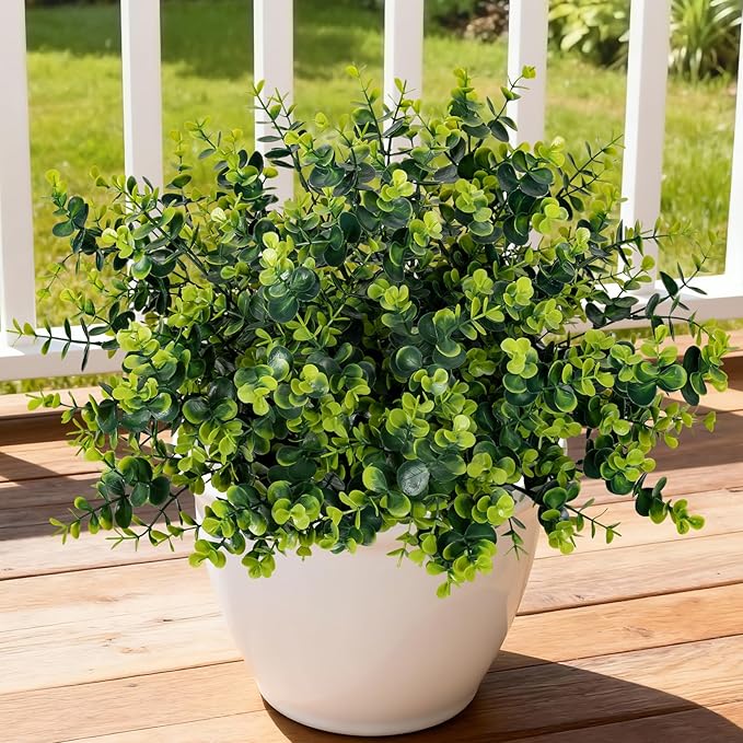 17 Inch Artificial Plants Outdoor Faux Shrubs Eucalyptus Boxwood Grass UV Resistant Fake Plant Greenery Decor for Indoor Window Garden Patio Pathway Front Porch Home Decor（6 Bundles,Green）
