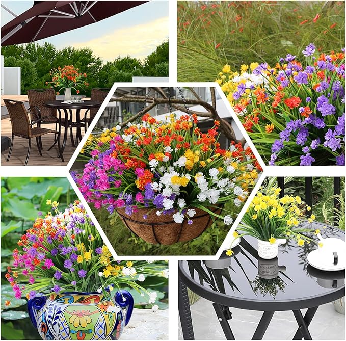20 Bundles Artificial Fake Flowers, UV Resistant Faux Flowers Arrangement, Fake Plants Greenery Shrubs for Indoor Outdoors, Home Garden Patio, Porch, Hanging Planter, Window Box Farmhouse (5 Colors)