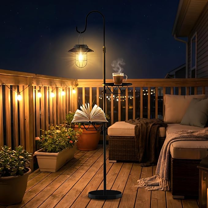 Candieslife 61" Solar Lights Outdoor with Plant Stands - Metal Shepherd Hook with Hanging Solar Lantern, Waterproof Solar Floor Lamp Garden Lights for Patio Deck Yard Porch Backyard & Indoor Decor