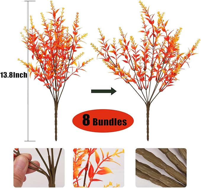 RECUTMS 8pcs Artificial Flowers Outdoor UV Resistant Outdoors Fake Plants Faux Plastic Flower in Bulk for Hanging Planters Outside Porch Vase Home Window Decoration(Gold)