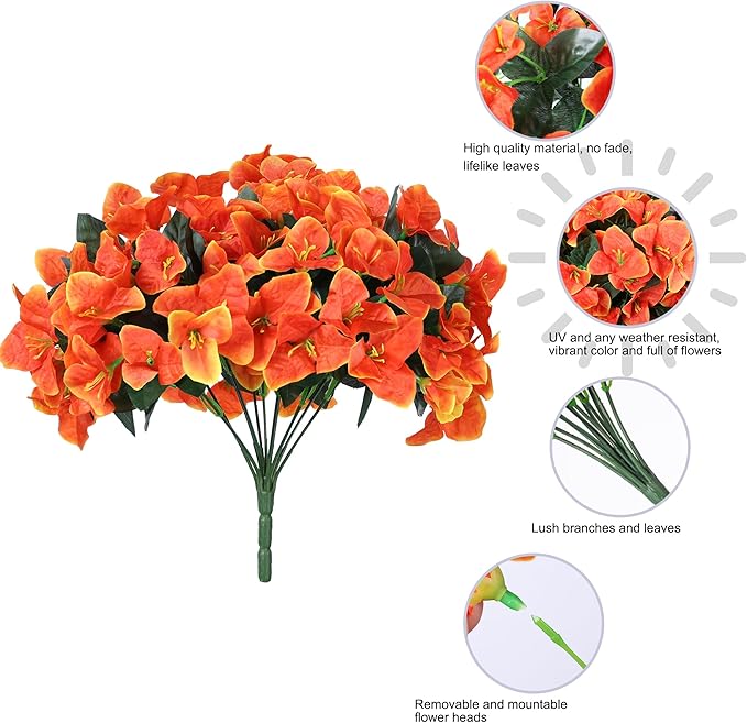 Artificial Flowers for Outdoors Spring Summer Porch Decor, 4 Bundles Fake Bougainvillea Realistic Silk Flowers for Outside UV Resistant Faux Outdoor Plants for Planters Patio Yard Balcony Home, Orange