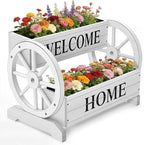 2-Tier Wooden Wagon Planter Box, Extra Large Decorative Flower Cart with Wheels, Washed White Rustic Wood Planter with Drainage Holes & Non-Woven Liner, Raised Bed for Flowers Herbs Vegetables