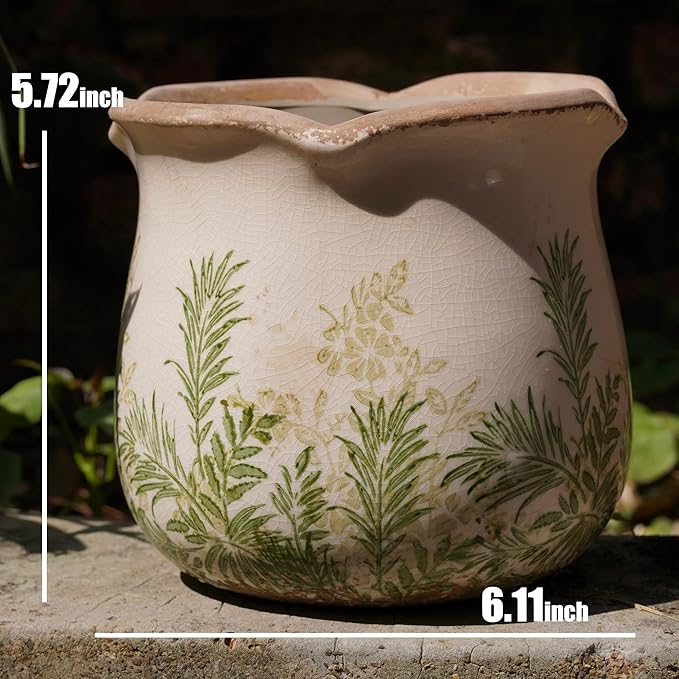 Dosayes Rustic Ceramic Planter, 6 Inch Tuscan Vintage Flower Pot with Drainage, Farmhouse Garden Pot for Indoor Plants, Kitchen & Garden Tuscan Decor, Plant Lover Gift (Grass Green)