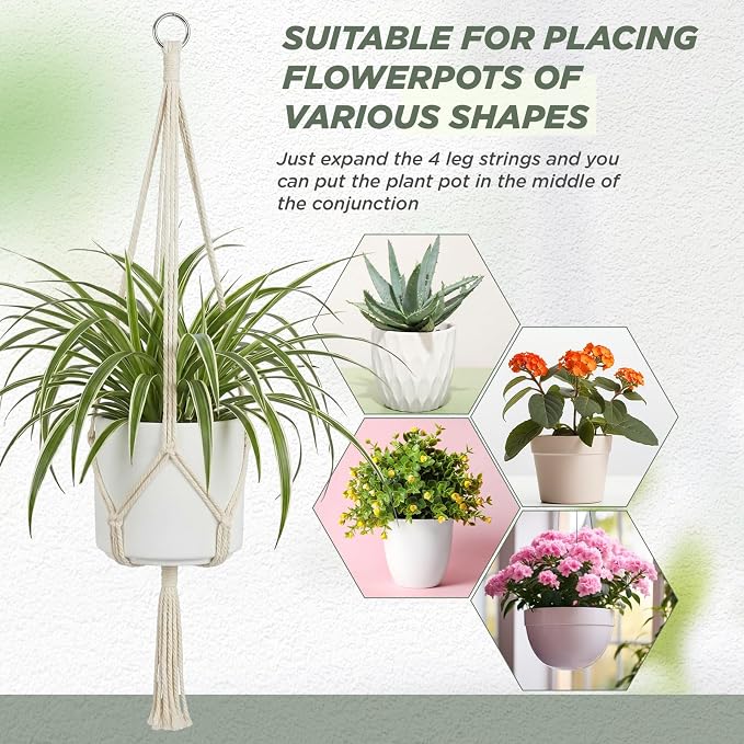 EBOOT 2 Pack 48 Inch Large Macrame Plant Hanger Rope to Hang Flower Pot Plant Holder for Indoor Outdoor Decorations, 4 Legs (Ivory White)