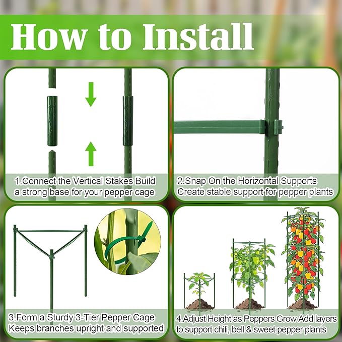 3 Pack Pepper Cages for Garden, 48" Adjustable 1–3 Tier Pepper Plant Support, Heavy Duty Steel Pepper Cage, Rust-Resistant Triangle Frame for Grow Bags, Patio & Raised Beds, Tomato Cage Alternative