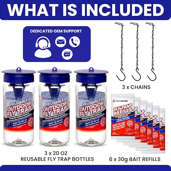 3 Fly Traps Outdoor Fly Trap for Patio with 6 Non-Toxic Dissolvable Bait Refills. Reusable Hanging Bug Catcher Killer for All Filth Flies for Outside Bug Control Yard Ranch. Hanging Chains Included.