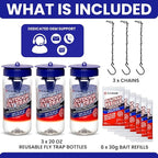3 Fly Traps Outdoor Fly Trap for Patio with 6 Non-Toxic Dissolvable Bait Refills. Reusable Hanging Bug Catcher Killer for All Filth Flies for Outside Bug Control Yard Ranch. Hanging Chains Included.
