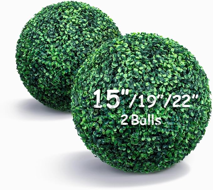 15 Inch 2 Packs Artificial Boxwood Balls Topiary Balls, 4 Layers of UV-Resistant Greenery Balls Indoor Outdoor Garden, Backyard, Patio, Front Door – Assembly Required