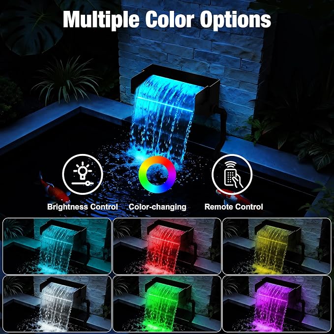 12-inch Pond Waterfall Spillway with LED Lights | Stainless Steel, 850GPH Submersible Pump, For Garden, Ponds, Backyard, Pool