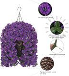 Artificial Fake Flowers Plants Hanging Baskets Outdoor Outside Spring Decor, Faux Silk Purple UV Resistant Look Real Morning Glory Home Patio Porch Balcony Decoration