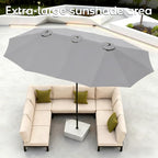 DomeShade 15ft Patio Umbrella with Base,Large Outdoor Double-Sided Rectangle Umbrella with Crank Handle, Market Umbrella for Poolside Garden Deck Backyard Beach Pools, Gray