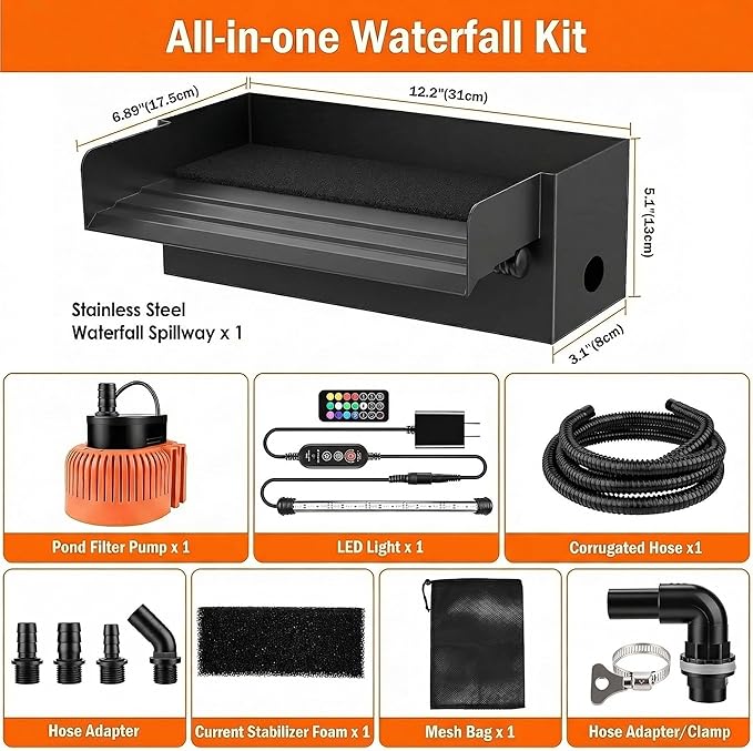 12-inch Pond Waterfall Spillway with LED Lights | Stainless Steel, 850GPH Submersible Pump, For Garden, Ponds, Backyard, Pool