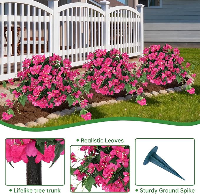 Artificial Bougainvillea Topiary Trees Set of 2, Pink Fake Shrubs Bushes with Ground Spike, Faux Evergreen for Porch Plants, UV Resistant Artificial Flowers for Outdoors Indoor Front Garden