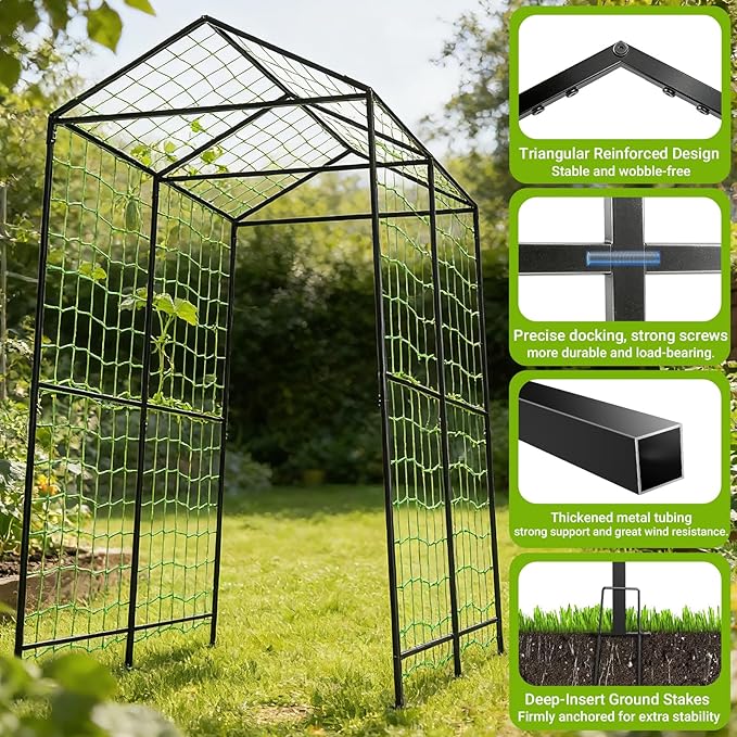 Metal Garden Arch Trellis for Climbing Plants Outdoor, 7.1FT Extra Tall Cucumber Trellis for Raised Bed, Plant Trellis for Vegetable Fruit Flower Vine（Black）