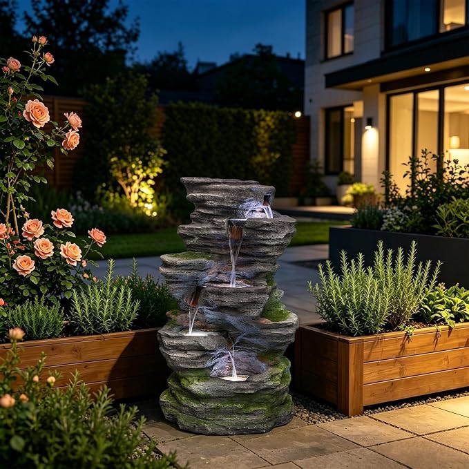 Solarbloom Water Fountain Outdoor/Indoor, 5-Tier Spiral Cascading Stacked Waterfall Fountain, Freestanding Resin Water Feature for Patio, Garden, Backyard, Deck