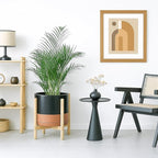 D'vine Dev Ceramic Planter with Natural Stand - 12 Inch Modern Round Flower Pot with Wood Planter Holder, Black/Speckled Tan, 55-B-J-7
