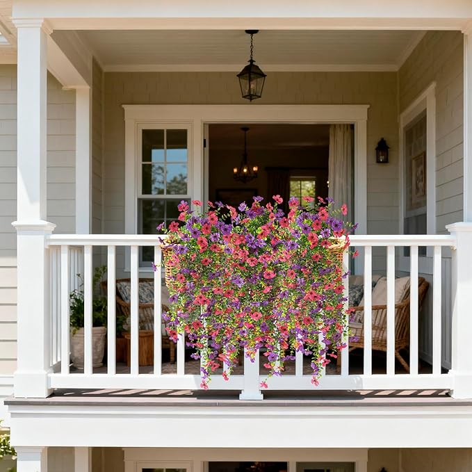 Artificial Hanging Flowers for Outdoors, 2 Pcs Fake Hanging Plant Spring Summer Decoration, UV Resistant No Fade Faux Silk Daisy Flower for Planter Porch Patio Yard Garden Decor(Purple Hot Pink)