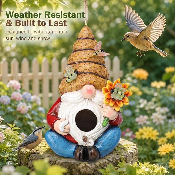 Bird House for Outside, Birdhouses for Outdoors, Decorative Bird Houses, Hanging Funny Bee Solar Gnome Birdhouse for Outside Cardinal Bluebird Wild Birds