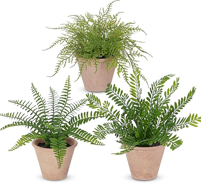 3 Pack Artificial Fern Plant, Small Fake Plants in Pot, Faux Fern Plant for Home Office Farmhouse Living Room Bathroom Kitchen Tabletop Desk Shelf Decoration