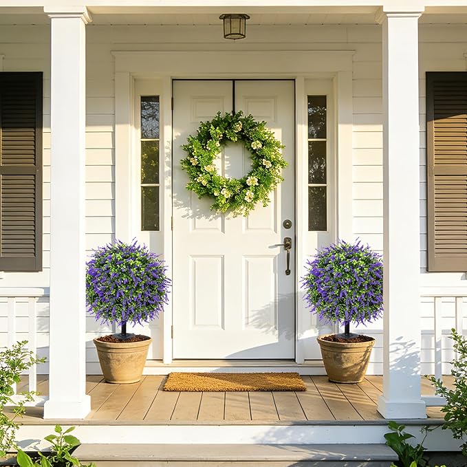 Bdor 25" Artificial Lavender Topiary Ball Trees with Ground Stake, Faux Potted Plants Purple Lavender Set of 2, Outdoor Fake Flower Bushes, UV Resistant for Home Lawn and Front Porch Garden Decor