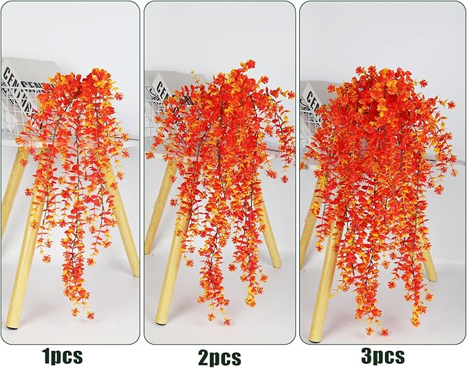 RECUTMS Artificial Hanging Plants Fall Faux Eucalyptus Leaf Fake Hanging Plants Fall Hanging Vines Artificial Flowers Faux Autumn Plants for Thanksgiving Indoor Outdoor House Wedding Party(Gold)