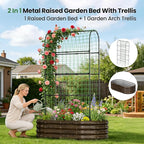 2 in 1 Galvanized Raised Garden Bed with 71" H Arch Trellis for Climbing Plants, Outdoor Gardening Planter Box with Climbing Net for Flowers Vegetables Fruits Herbs, Wood Grain