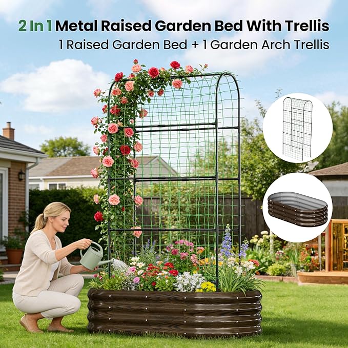 2 in 1 Galvanized Raised Garden Bed with 71" H Arch Trellis for Climbing Plants, Outdoor Gardening Planter Box with Climbing Net for Flowers Vegetables Fruits Herbs, Wood Grain