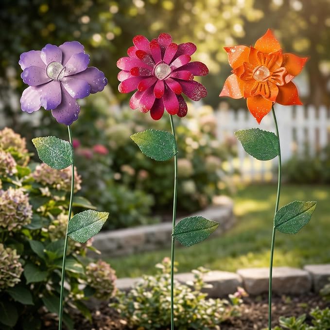 Topadorn Floral Garden Stake Glow in Dark Plant Pick Water Proof Metal Flower Stick for Outdoor Garden Decor, Set of 3