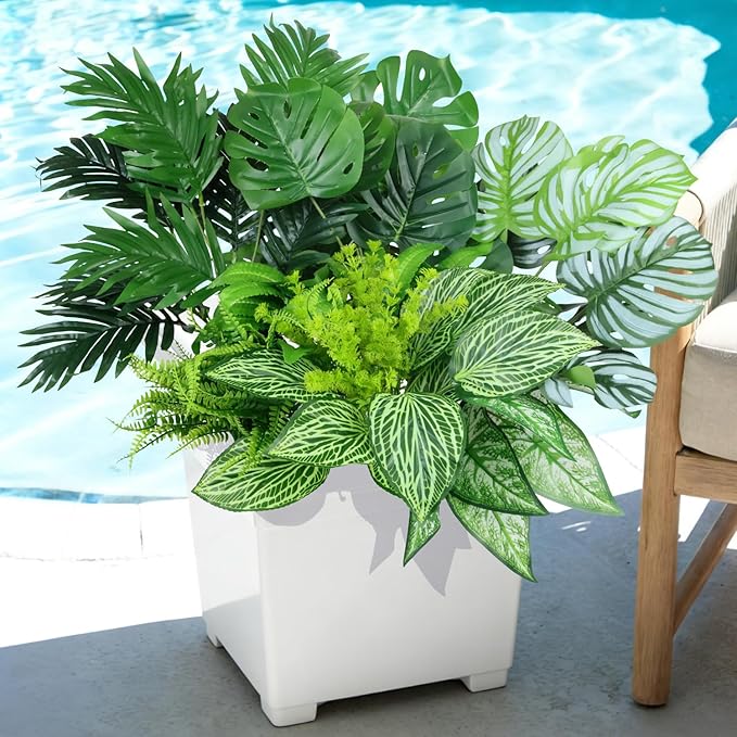 Artificial Greenery Plants Outdoor UV Resistant, 10 Bundles Large Faux Fern Bushes, Shrubs & Tropical Plants, Fake Plants for Planters, Porch, Patio, Garden & Poolside Spring Summer Decor