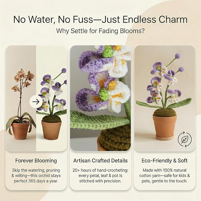 Handmade Crochet Orchid Potted Plants, Knitted Artificial Forever Flowers with Exquisite Pot, for Friends, Women, and Kids, Ideal for Home Decorations and Office Desks Wooden