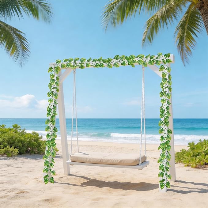 8Pcs Artificial Tropical Leaves Garland, 5.9FT Fake Monstera Leaves Vines Hanging Plant Ivy Faux Palm Leaf Greenery Garland for Garden Porch Patio Jungle Beach Birthday Party Indoor Outdoor
