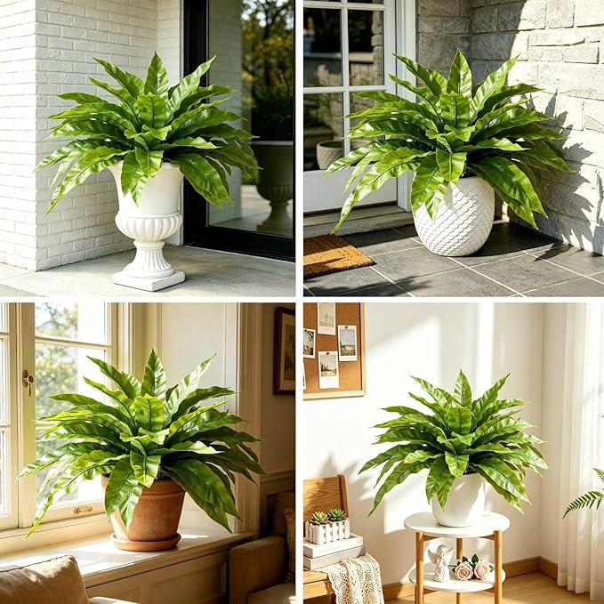 4 Pack Artificial Ferns Plants for Outdoors, UV Resistant, 23'' Outdoor Faux Bird Nest Fern with 72 Large Leaves, Realistic Fake Plant for Front Porch Pots Patio Hanging Planter Home