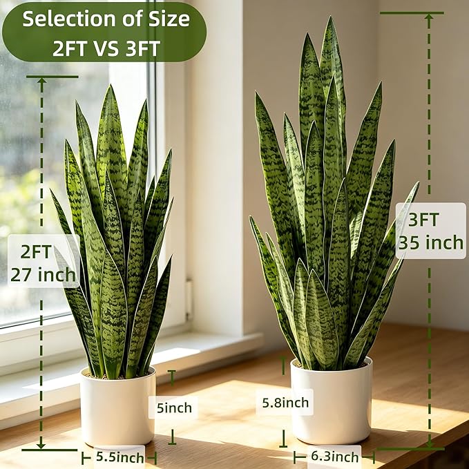Fake Snake Plant, 35" Artificial Potted Plant with White Pot, Realistic Faux Plant for Home Decor, Low Maintenance No Watering Needed for Desk Corner Office & Pet Areas (Green 35in)