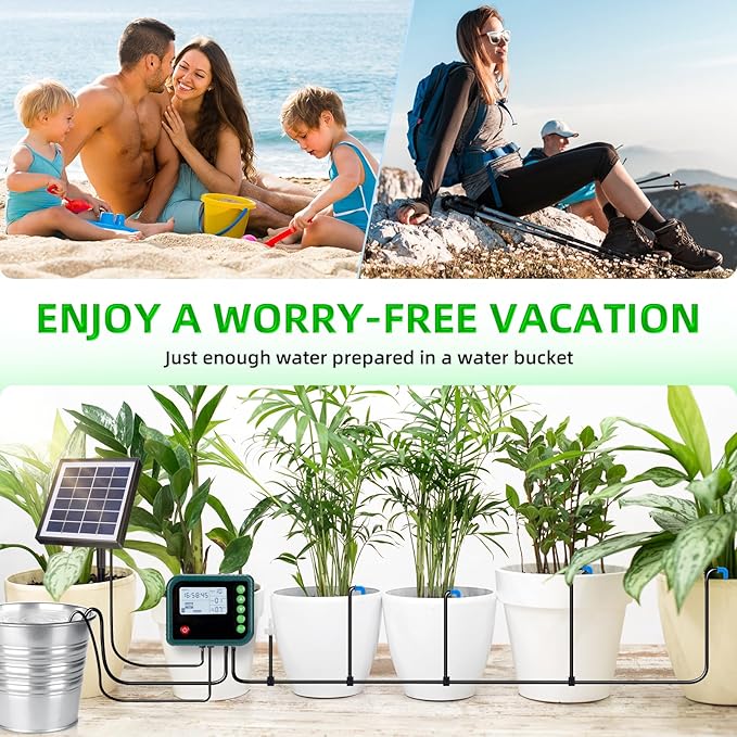 Solar Automatic Drip Irrigation Kit System,Automatic Plant Watering Devices Programmable Water Timer,LED Display for 15 Potted Plants Outdoor Indoor Garden Balcony Vacation