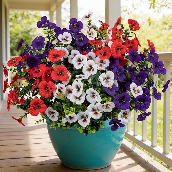 17 Inch Artificial Faux Pansy Flowers for Outdoor,Fake Pansies Flowers with Eucalyptus Leaves Fake Plants Greenery Boxwood Porch Patio Decor 6 Bundles(Dark Purple,Red,White)