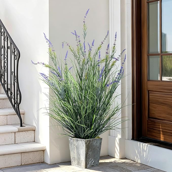 2 Pack Lifelike Artificial Tall Grass Plant Indoor Outdoor Fake Lavender Faux Plastic plantas Synthetic Pampas Grass Artificial Cattail Reed Grass for Home Office Patio Decor Housewarming Gift