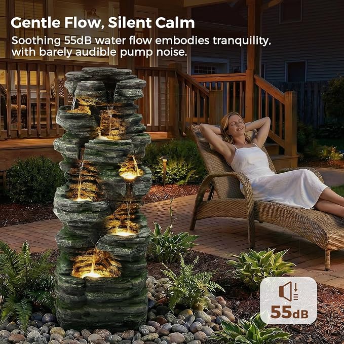 46" H Outdoor Water Fountain, 7-Tiers Cascading Rock Waterfall Fountain with 6 Warm LED Lights, Large Water Feature for Outdoor Indoor, Garden Water Fountain for Patio, Yark, Deck, Porch, Home Decor