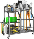 EVERHANGER Garden Tool Organizer Stand, Garage Tool Storage Organization, Yard Tool Racks with lockable wheels, Fit for Long-Handled Tools/Rakes/Brooms