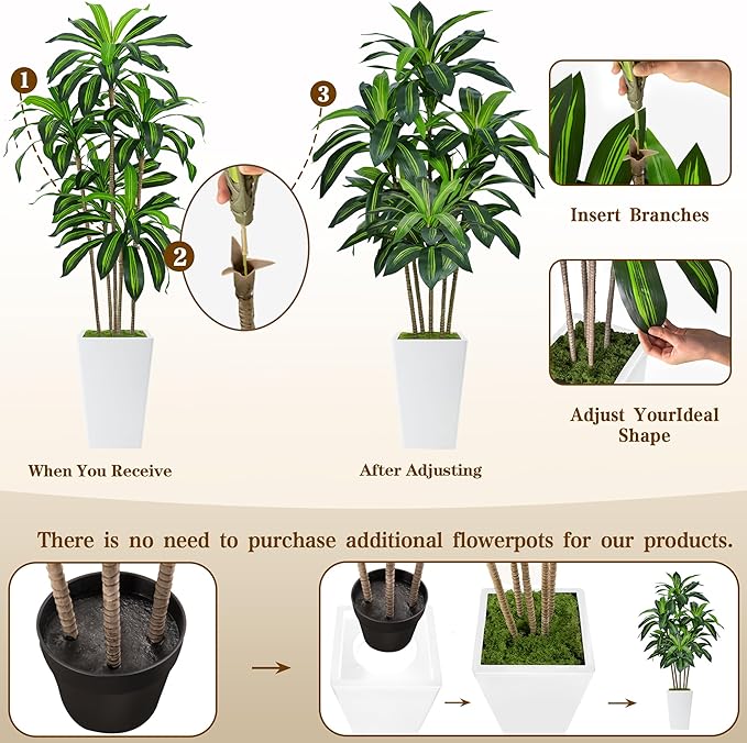 7FT Artificial Dracaena Tree, Fake Tree Indoor with White Tall Planter, Tall Artificial Plants Indoor, Artificial Silk Tree for Home Office Decor Plants Indoor Outdoor (White)