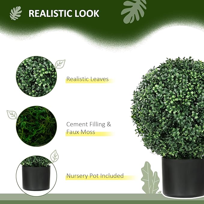 HOMCOM Set of 2 20.5" Artificial Ball Boxwood Topiary Trees with Pot, Indoor Fake Plants for Home Office & Living Room Decor